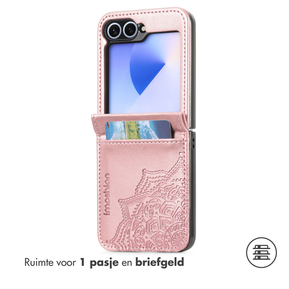 Étui de téléphone rose avec fente pour carte, motif mandala et écran visible. Texte : 'Ruimte voor 1 pasje en briefgeld'.