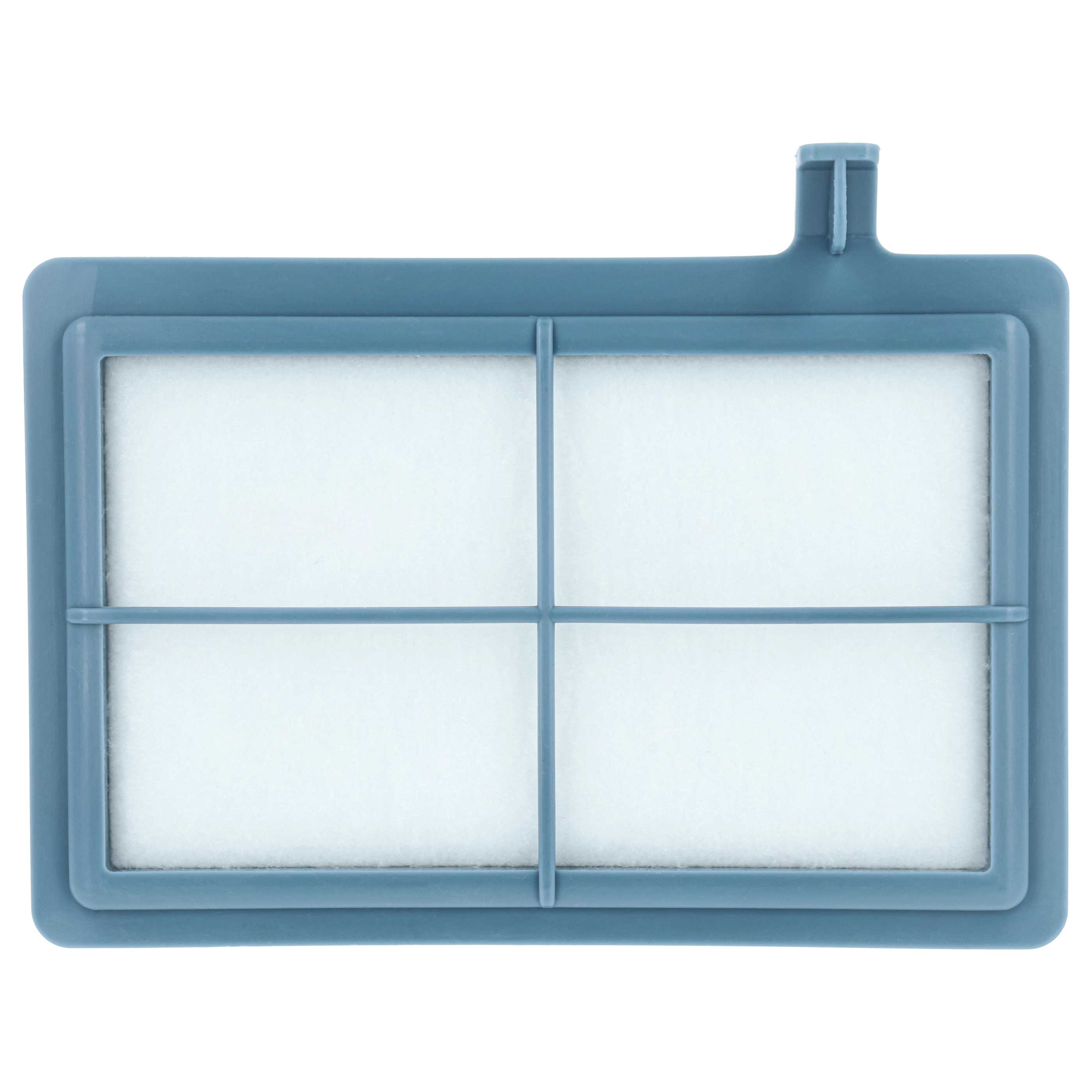Ein rechteckiger Luftfilter mit blauem Rahmen und weißem Filter. Oben befindet sich eine kleine Lasche.