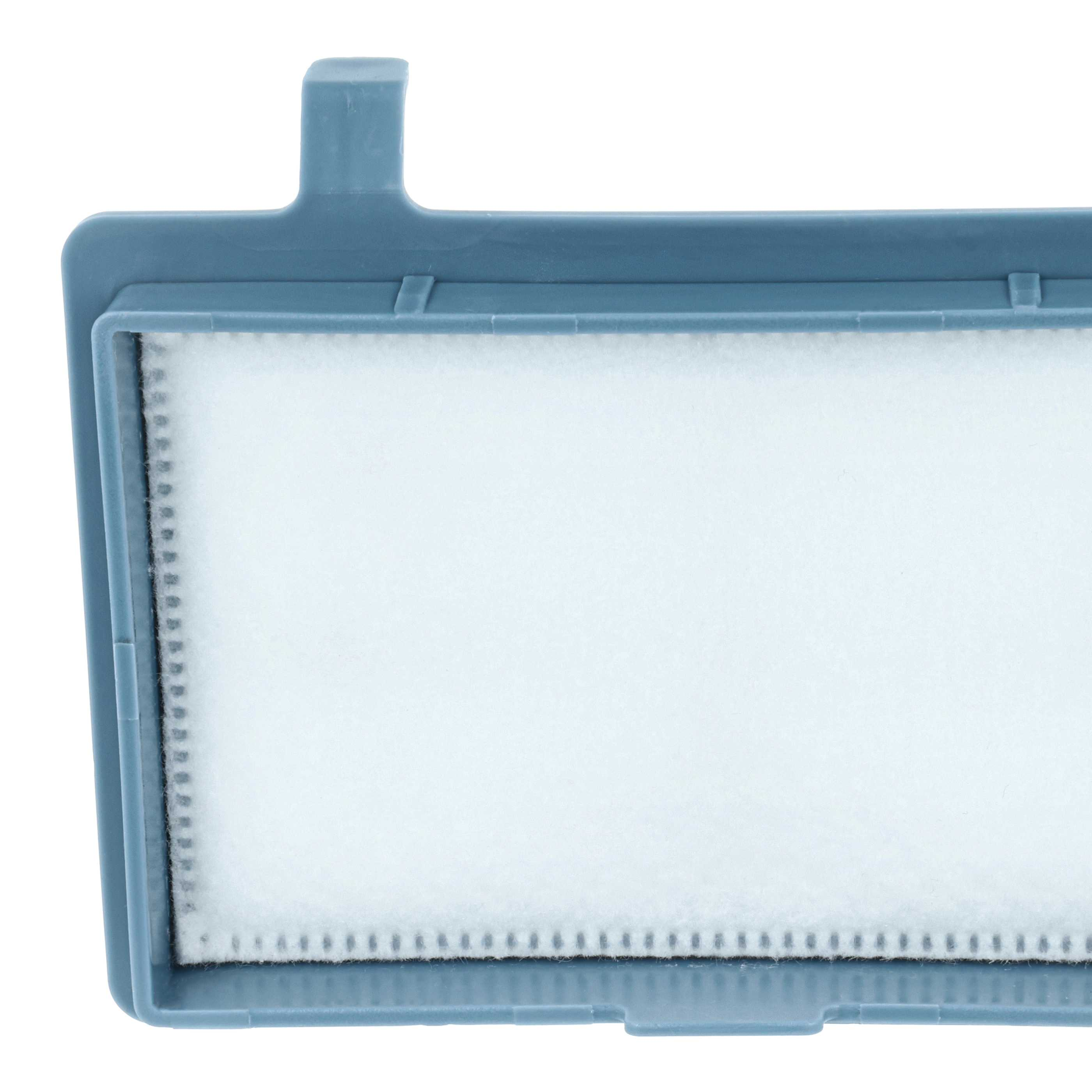 Ein hellblauer rechteckiger Luftfilter mit einem weißen Filterpad. Der Rahmen hat einen Griff.