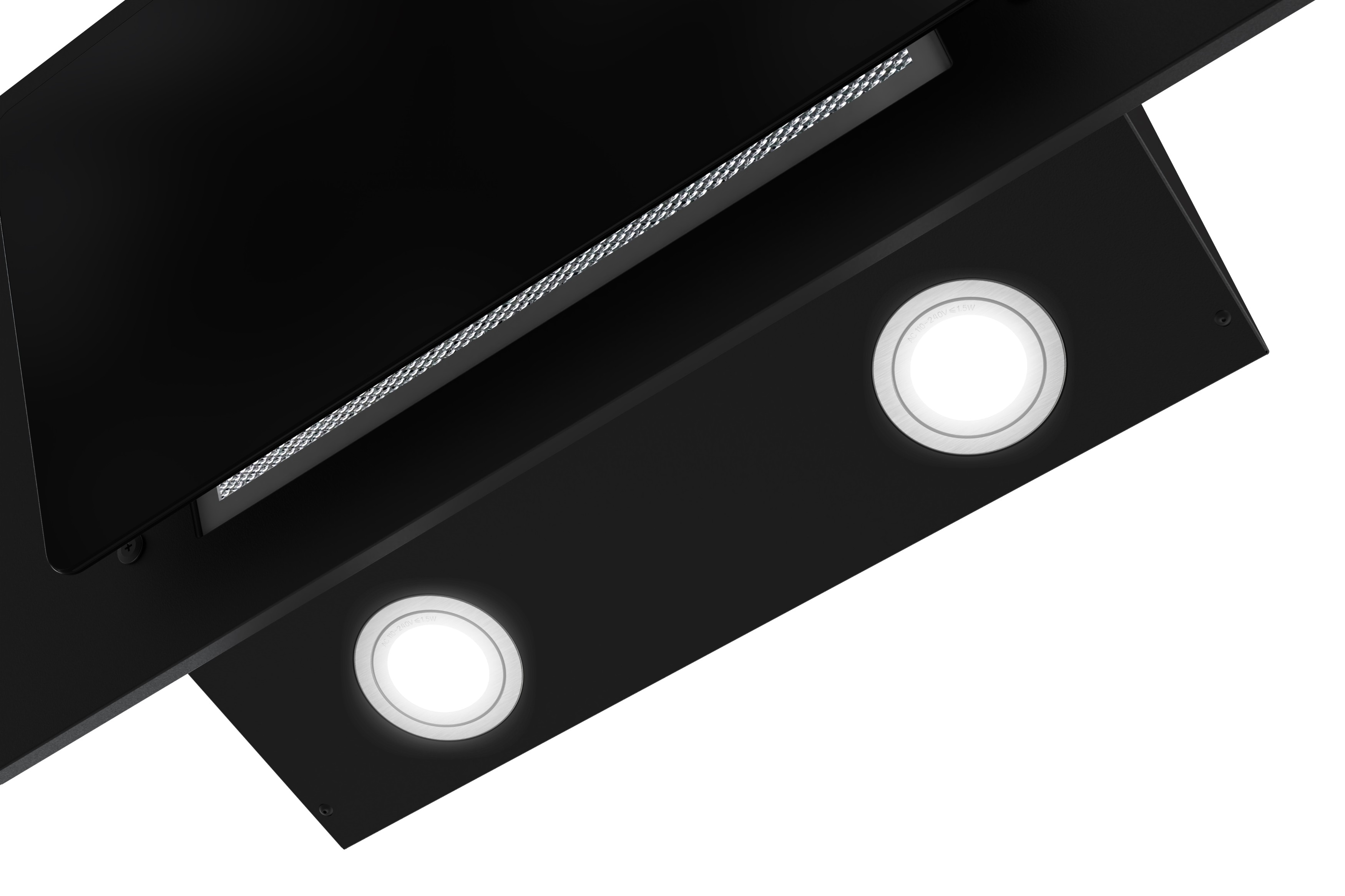 Close-up van een zwarte afzuigkap met twee heldere lampen en een metalen rand. Witte achtergrond.