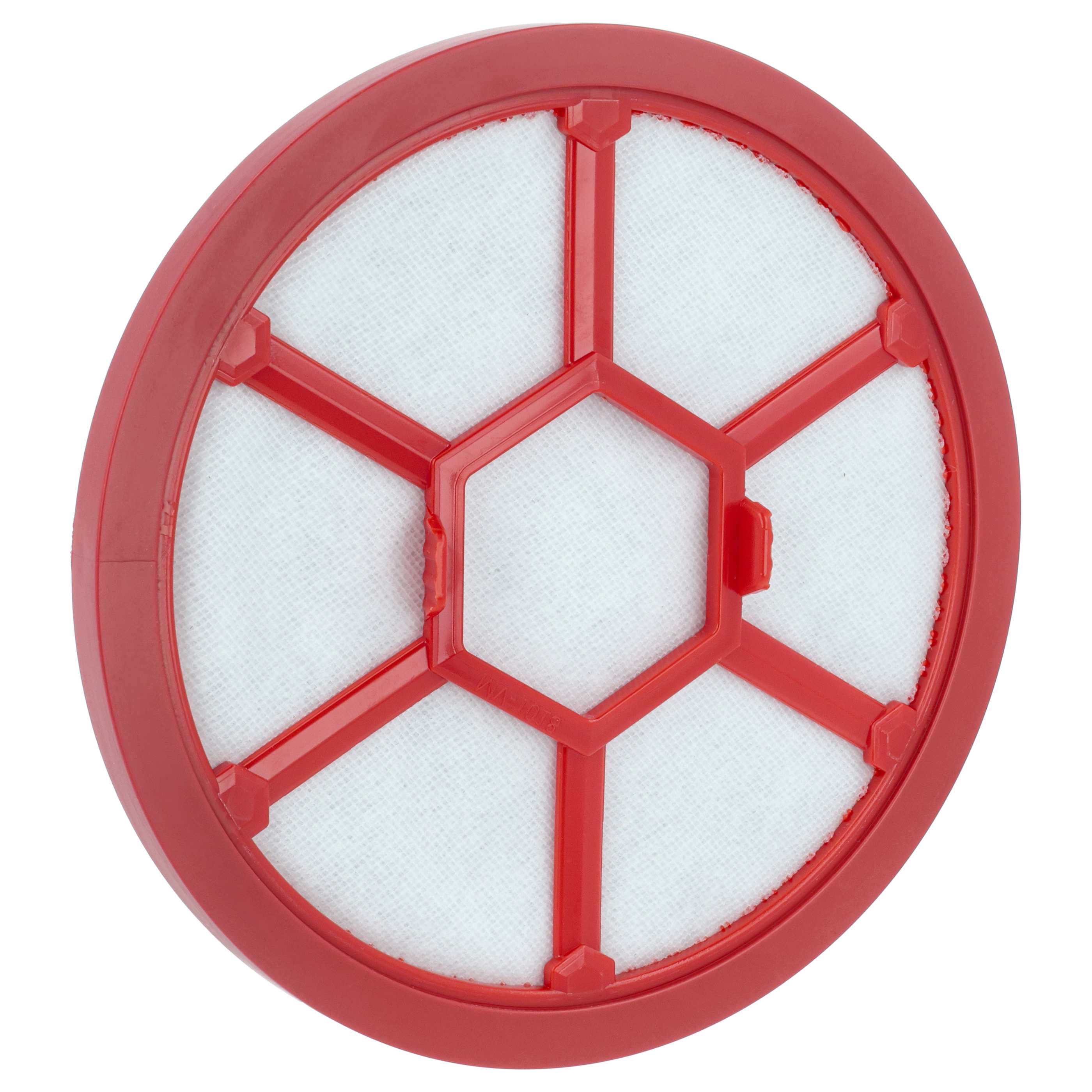 Ein kreisförmiger Staubsaugerfilter mit rotem Kunststoffrahmen und weißem Filter. Der Filter ist sauber und neu.