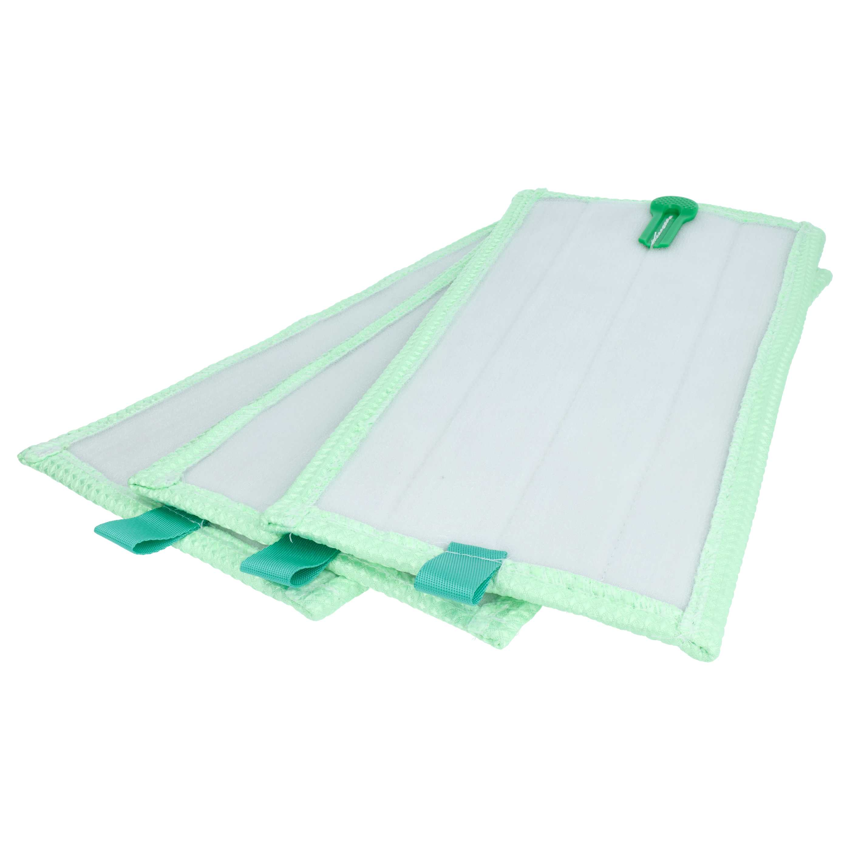 Drei weiße Reinigungspads mit grünen Rändern und Clips. Die Pads sind auf weißem Hintergrund gestapelt.