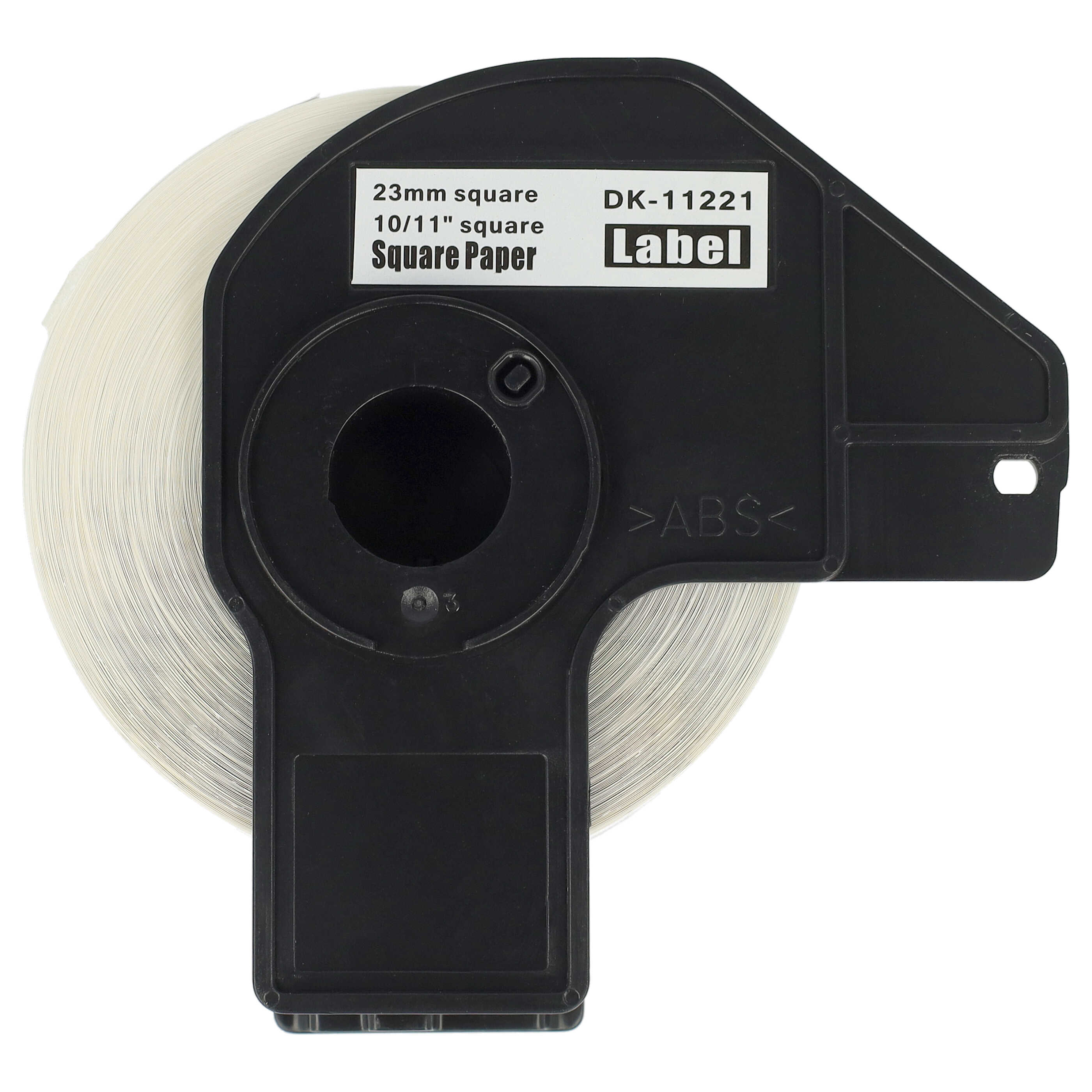 Ein schwarzer Etikettenspender mit einer Rolle weißem, quadratischem Papier. Der Text auf dem Etikett lautet 'Label' und 'DK-11221'.