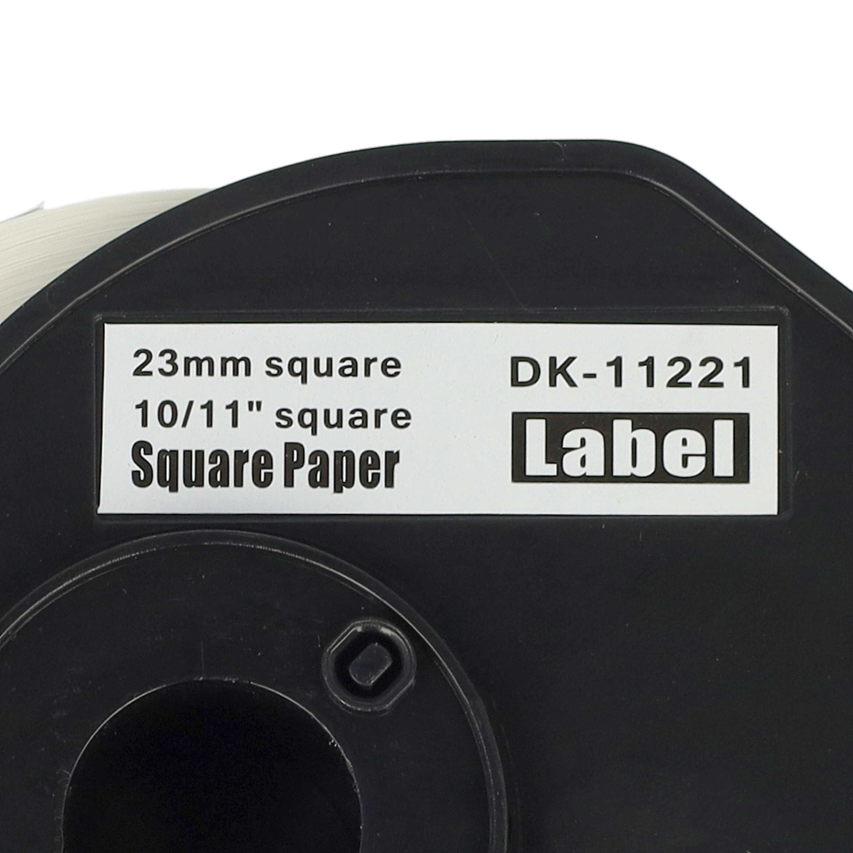 Nahaufnahme einer Etikettendruckerpatrone mit Text: 23 mm quadratisch, 10/11" quadratisch, Square Paper, Label und DK-11221.