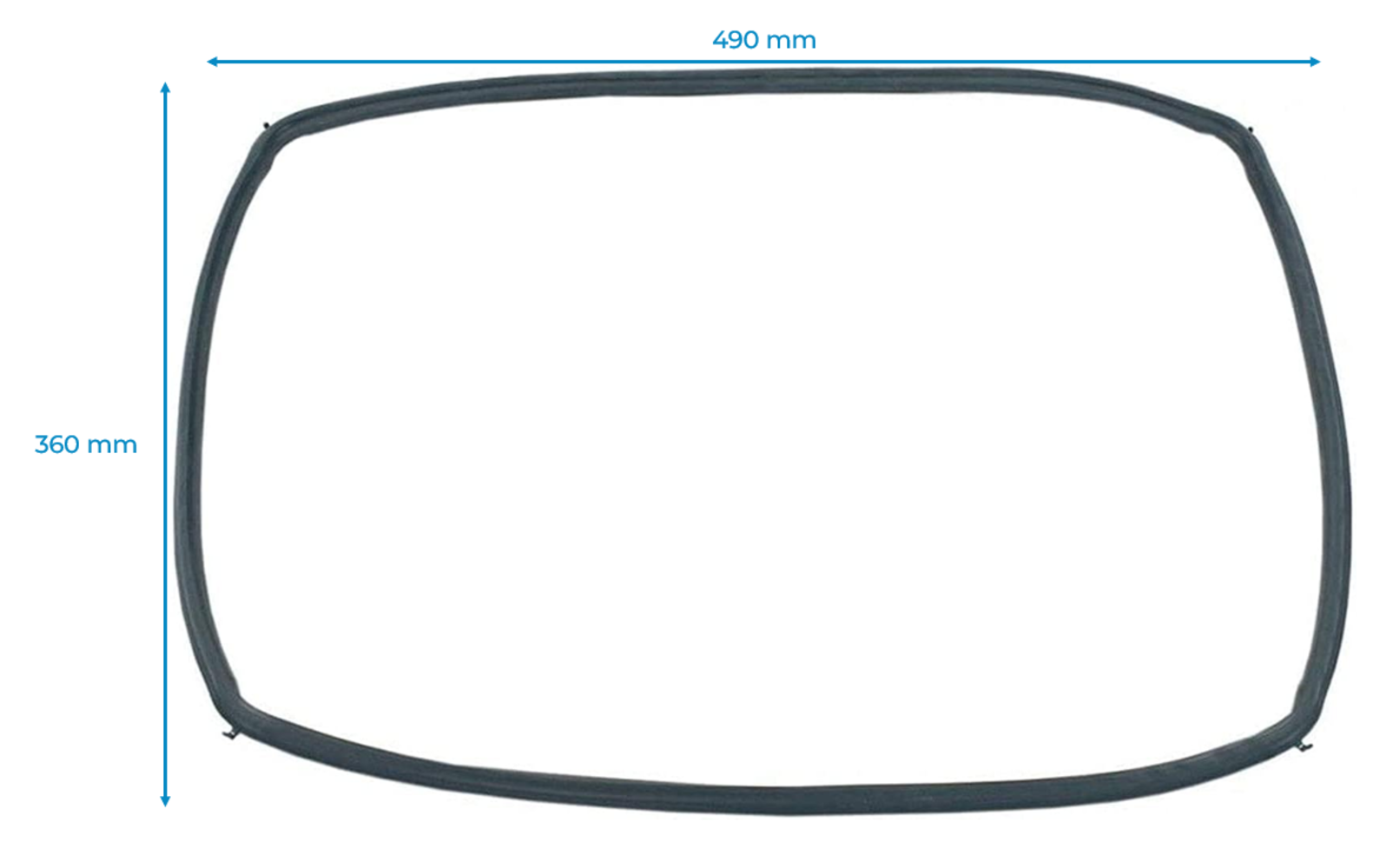 Un sello rectangular gris oscuro con esquinas redondeadas. Dimensiones: 490 mm de largo y 360 mm de alto. Las flechas muestran las medidas.