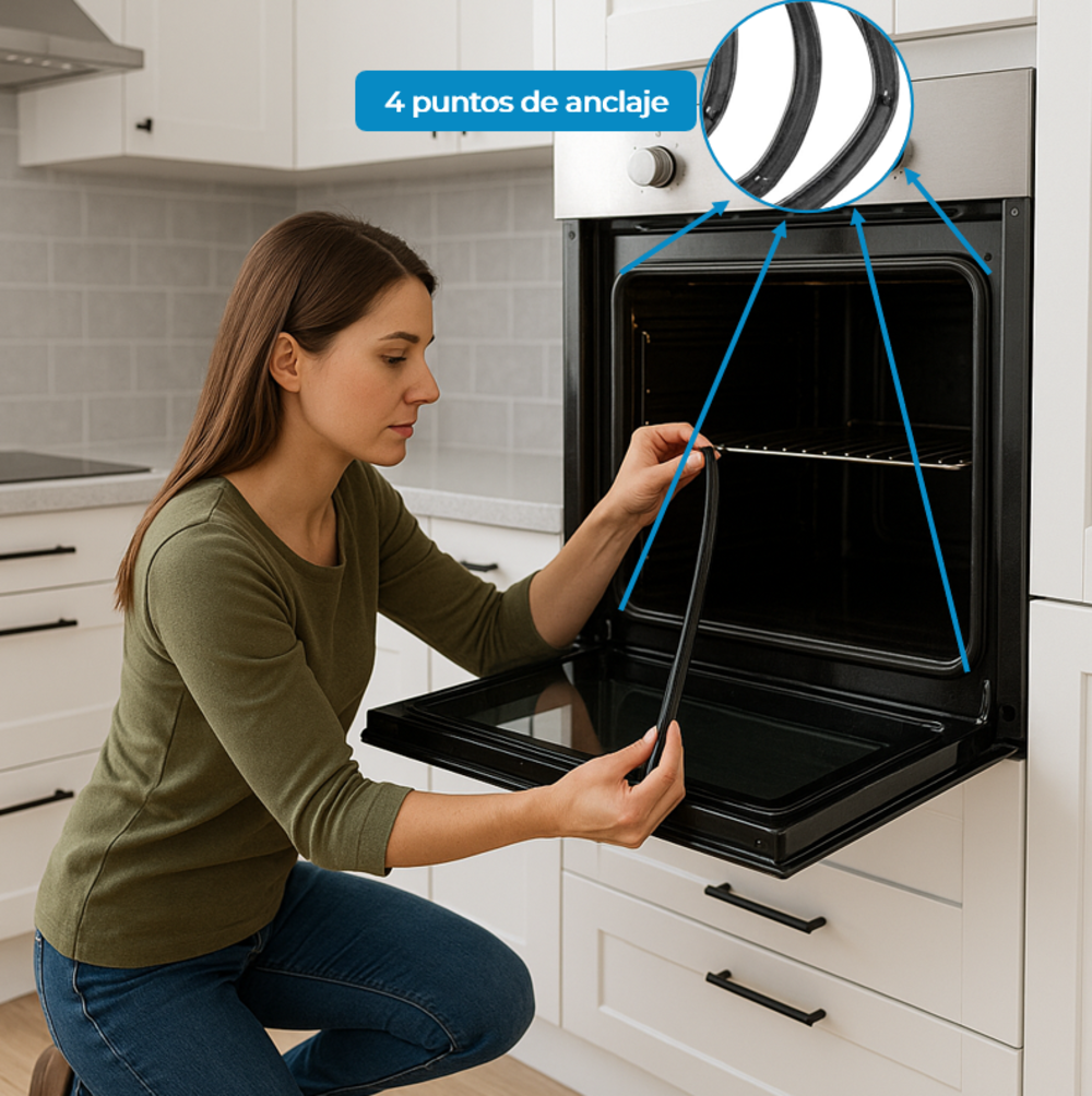Mujer en la cocina instala el sello de la puerta del horno. Horno abierto. Diagrama muestra 4 puntos de anclaje.