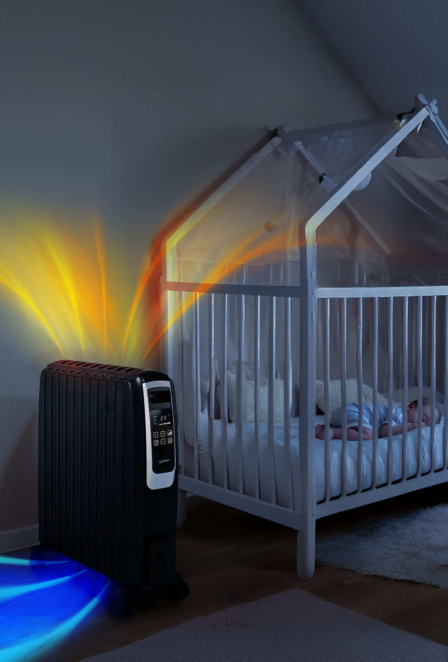 Czarny grzejnik obok kołyski ze śpiącym w niej dzieckiem. Grzejnik ma linie ciepłego powietrza. Słabe światło w pomieszczeniu.