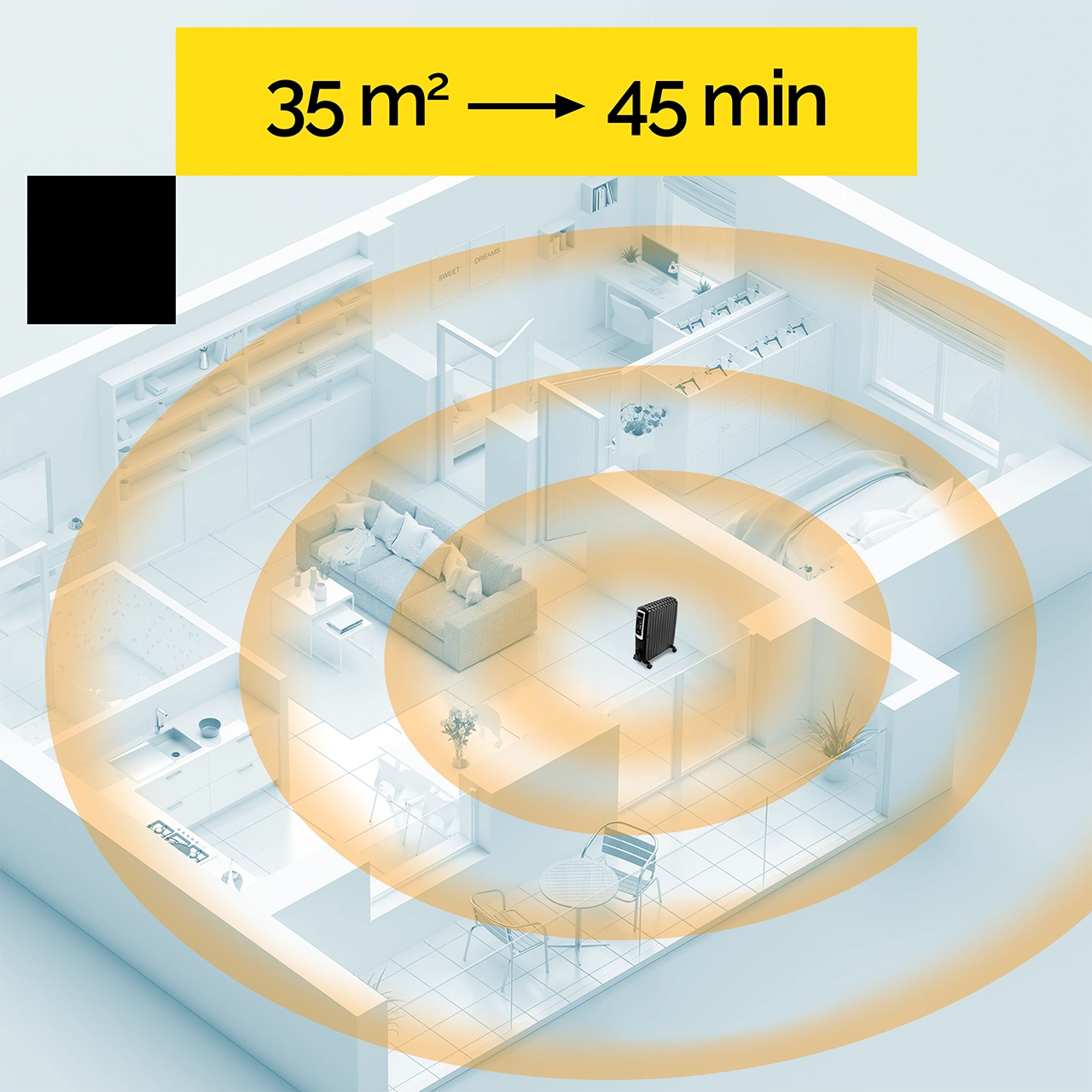Schemat przedstawia czarny grzejnik w planie pomieszczenia. Zaznaczono zasięg grzejnika. Tekst: 35 m² -<gt/> 45 min.