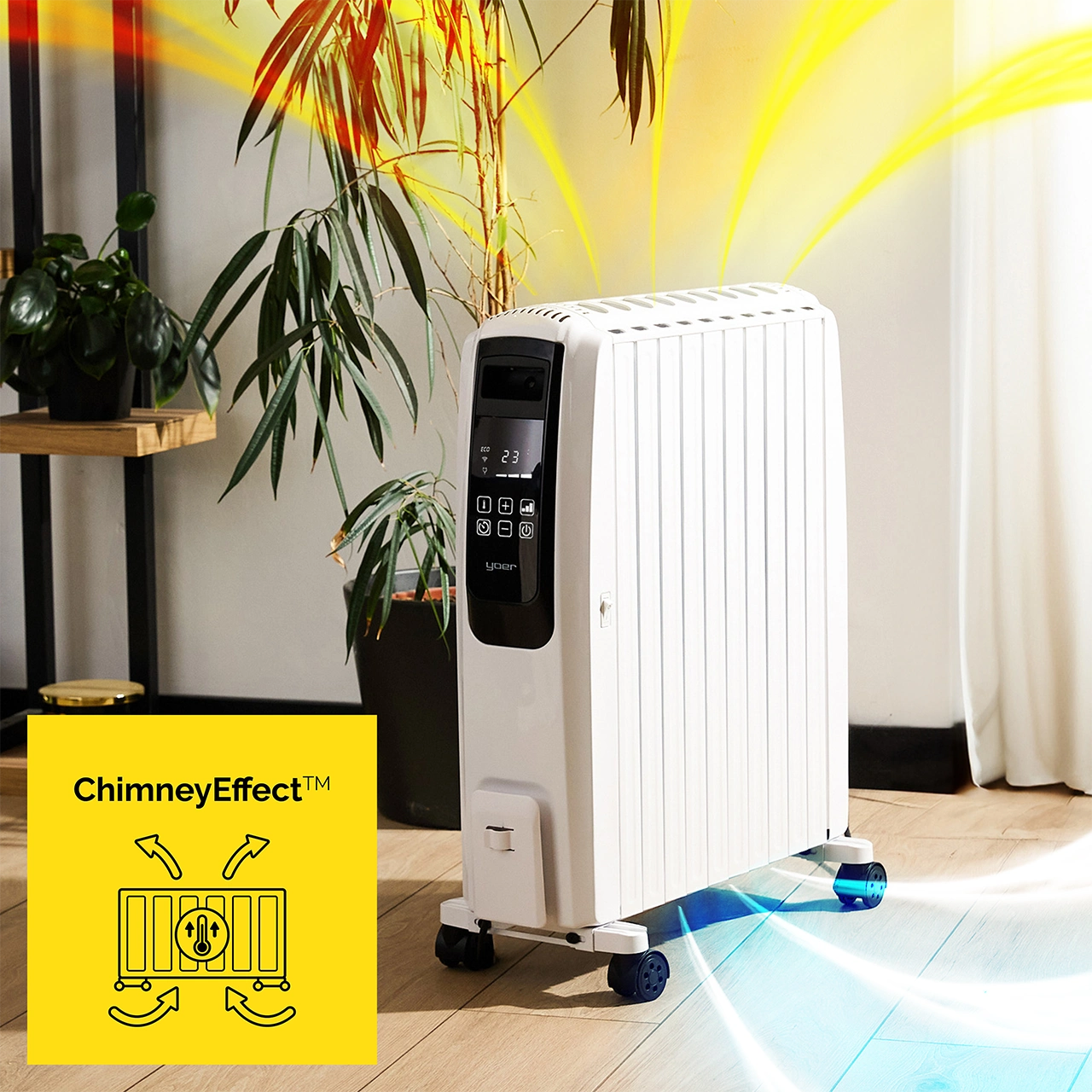 Biały grzejnik olejowy z wyświetlaczem cyfrowym stoi obok roślin. Po lewej stronie żółty znak z napisem 'ChimneyEffect'.