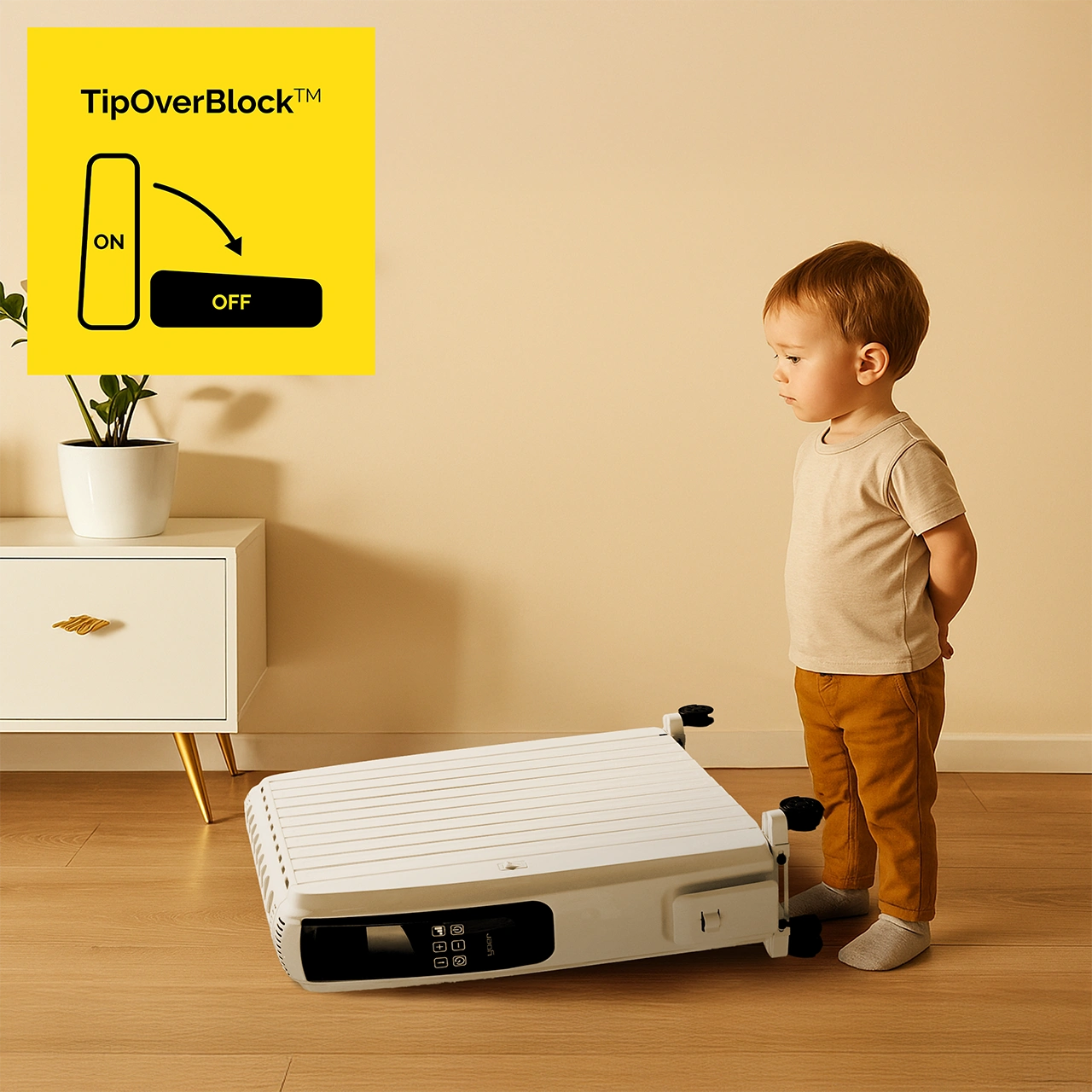 Małe dziecko stoi obok białego grzejnika. Żółty kwadrat pokazuje schemat „WŁ.” do „WYŁ.”. Po lewej stronie biała szafka z rośliną.