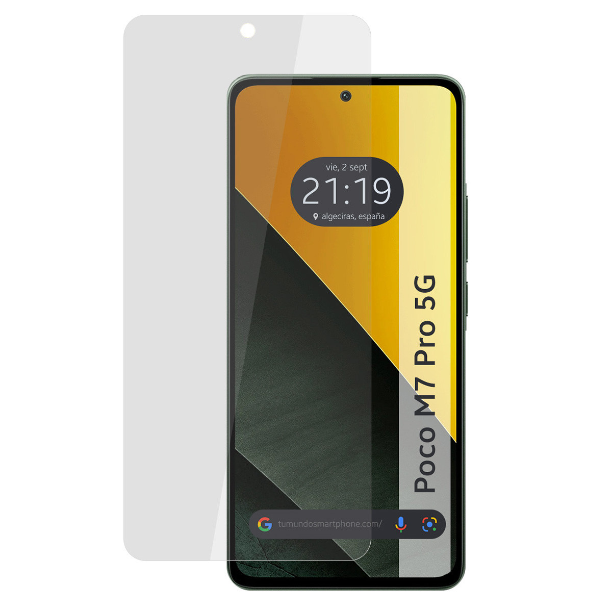 Uno smartphone con protezione schermo. Lo schermo mostra ora, data e posizione. Il telefono ha il testo 'Poco M7 Pro 5G'.