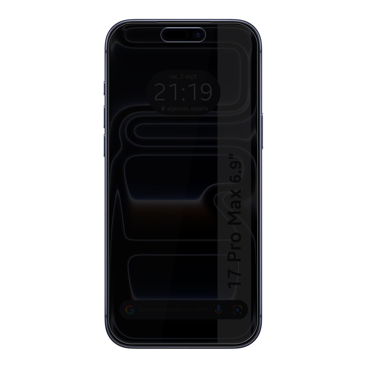 Un teléfono inteligente con pantalla oscura muestra la hora 21:19, Algeciras, España. El teléfono se titula '17 Pro Max 6.9"'.