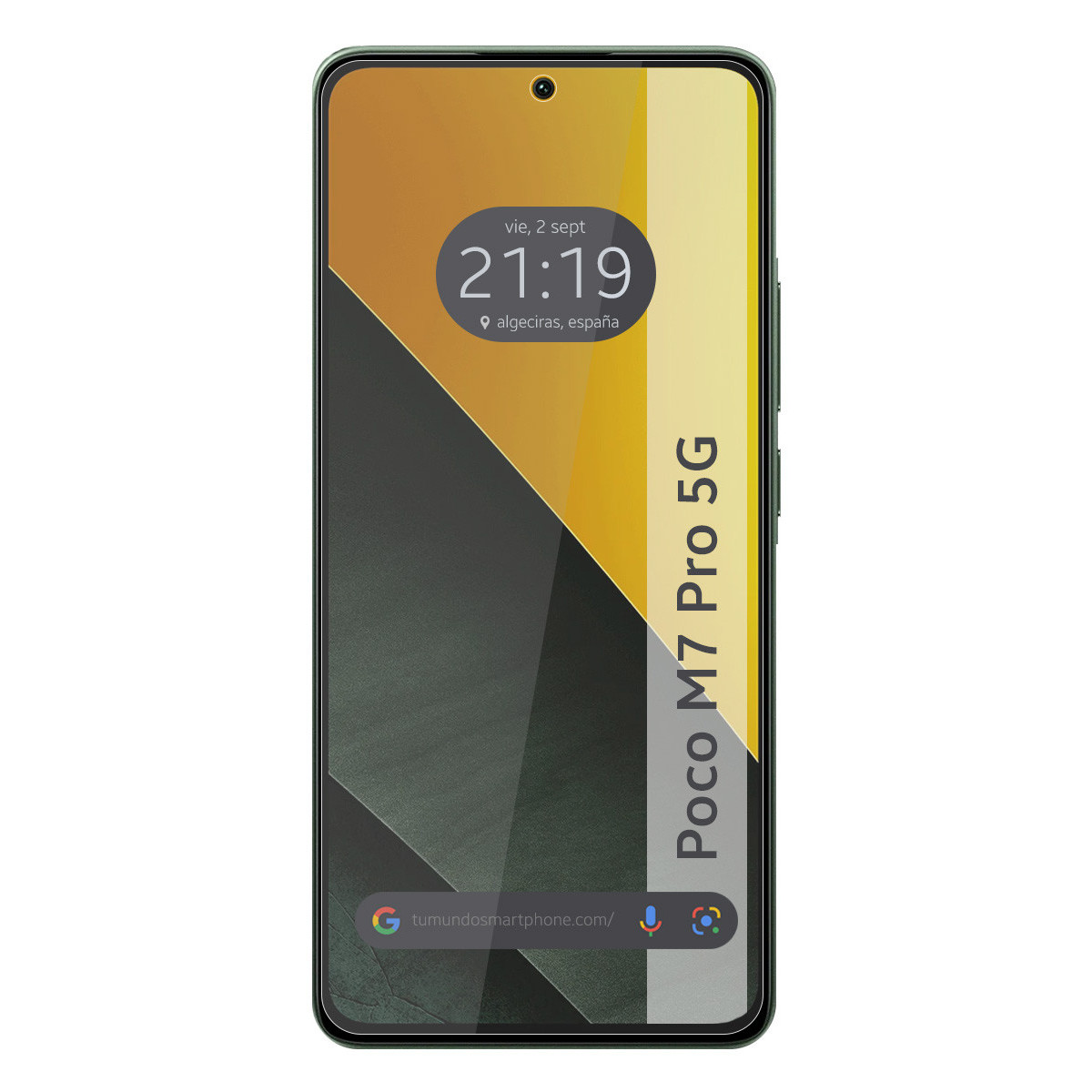 Uno smartphone mostra ora, data e posizione. Lo schermo mostra un design geometrico con colori arancione e grigio. Il telefono è verde.