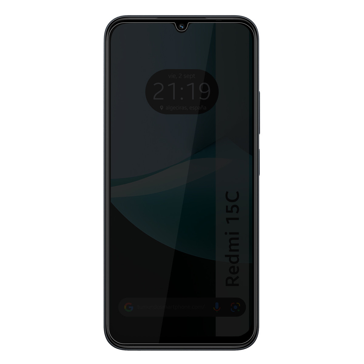 Uno smartphone Redmi 15C nero mostra l'ora 21:19, luogo Algeciras, Spagna. Lo schermo mostra uno sfondo scuro e astratto.