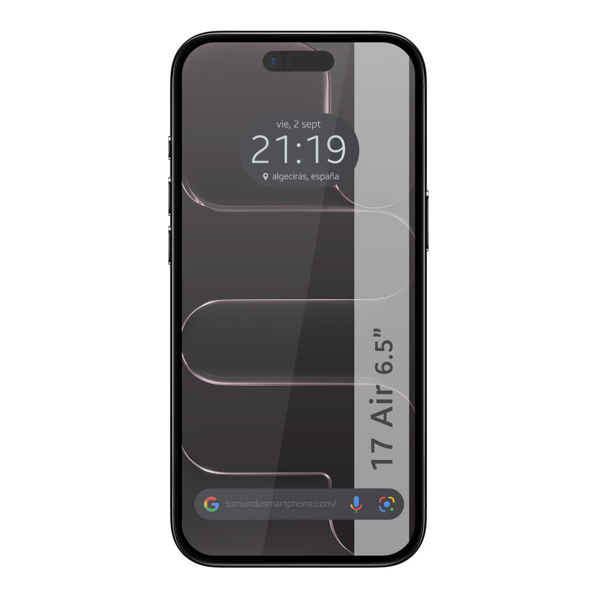 Uno schermo di smartphone mostra ora, data e posizione. Ha un bordo nero e il testo '17 Air 6.5"' sul lato.