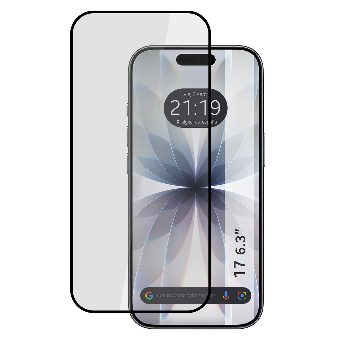 Un smartphone con protector de pantalla. La pantalla muestra la hora y la ubicación. El borde del protector y el marco del teléfono son negros.