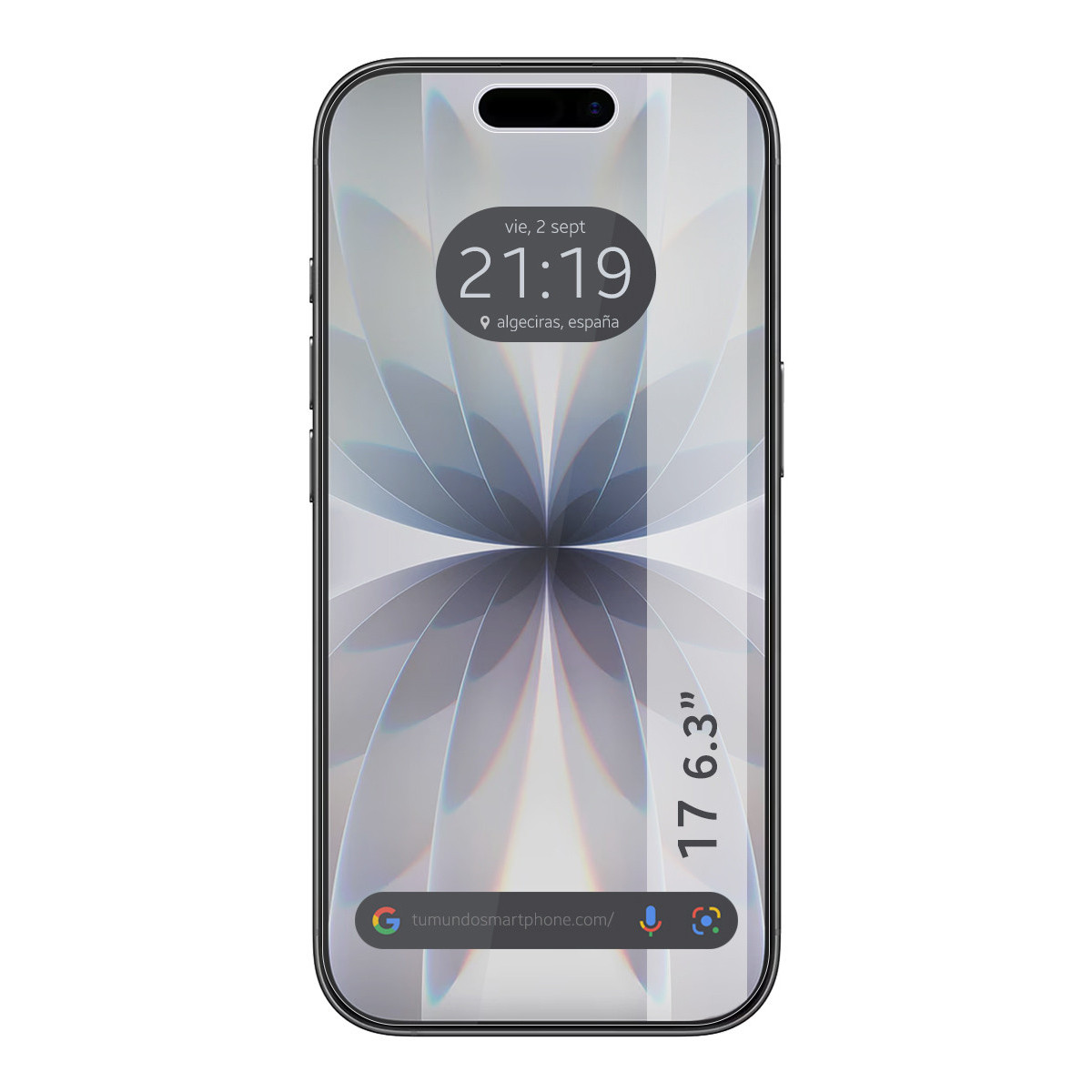 Un smartphone muestra la hora, fecha y ubicación. Tiene un fondo floral y una barra de búsqueda en la parte inferior.