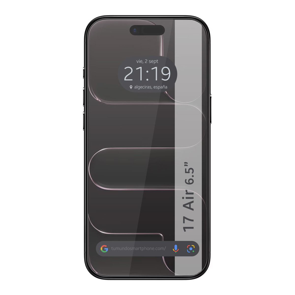 Mockup di smartphone. Lo schermo mostra ora, data e barra di ricerca. Il telefono è nero con un grande schermo.