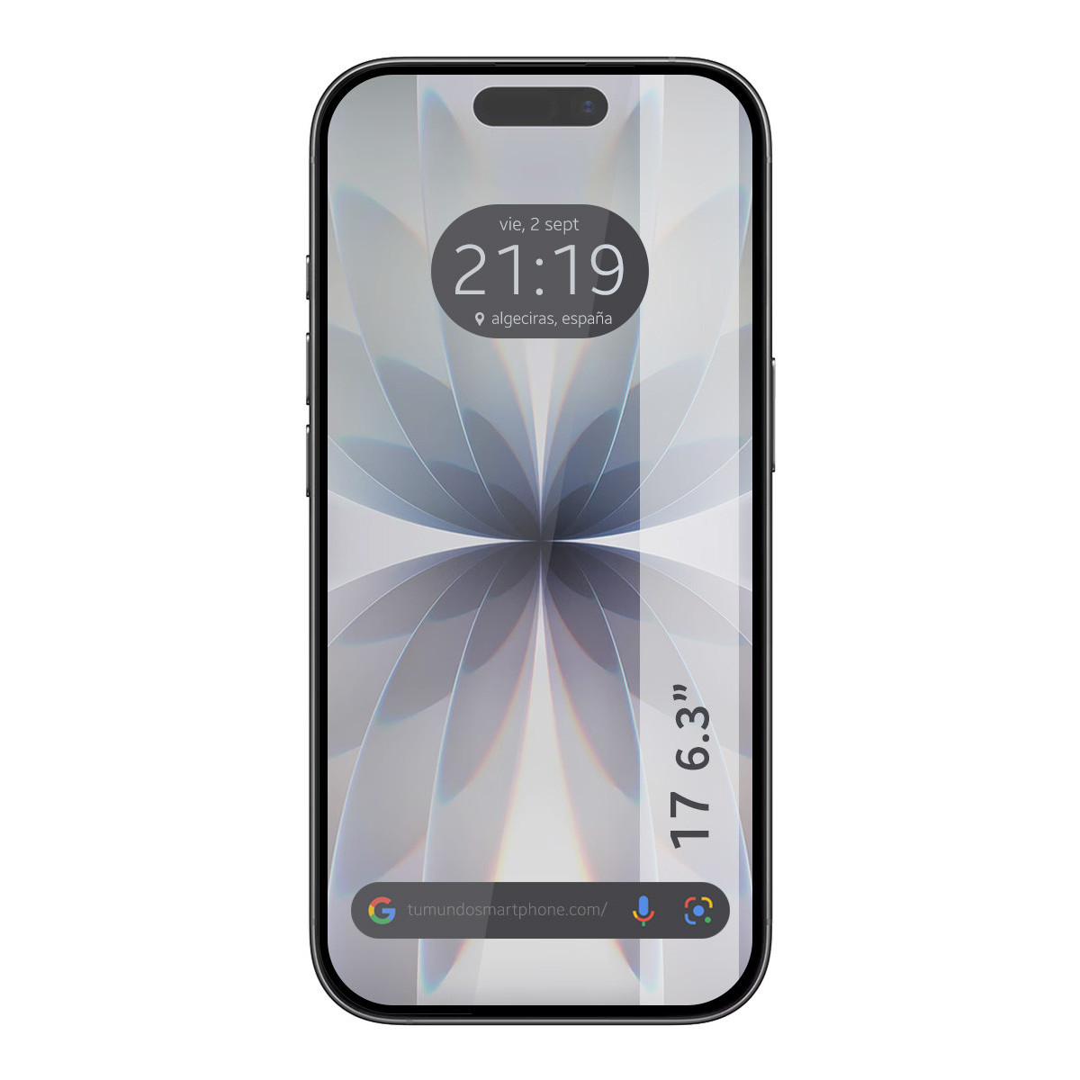 Smartphone con pantalla que muestra hora, fecha y diseño floral. También muestra la dirección web y el tamaño 17 6.3".