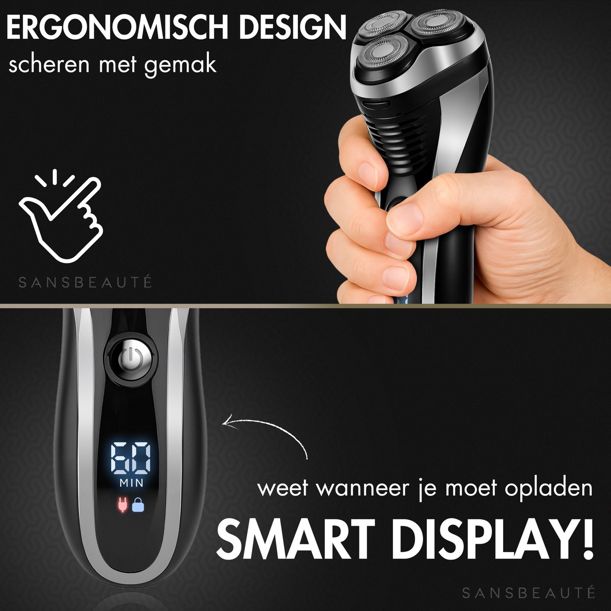Una afeitadora eléctrica negra y plateada es sostenida por una mano. La imagen tiene texto sobre diseño ergonómico y una pantalla inteligente.