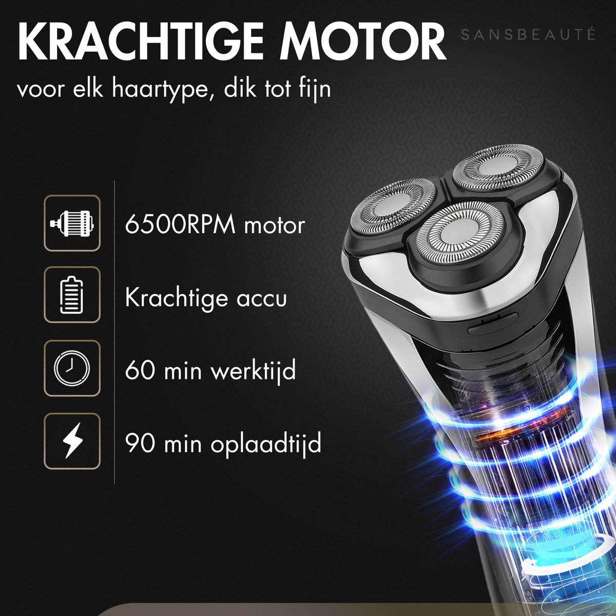 Se muestra una afeitadora eléctrica, destacando sus características: motor potente, larga duración de la batería y tiempo de carga rápido. El diseño es elegante y moderno.