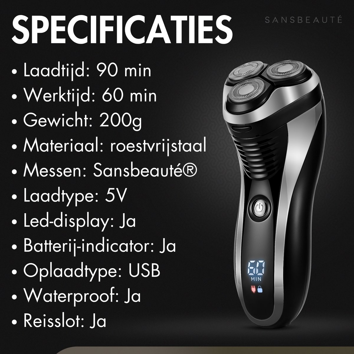 Afeitadora eléctrica con especificaciones. La afeitadora es negra y plateada, con una pantalla digital que muestra 60 minutos.
