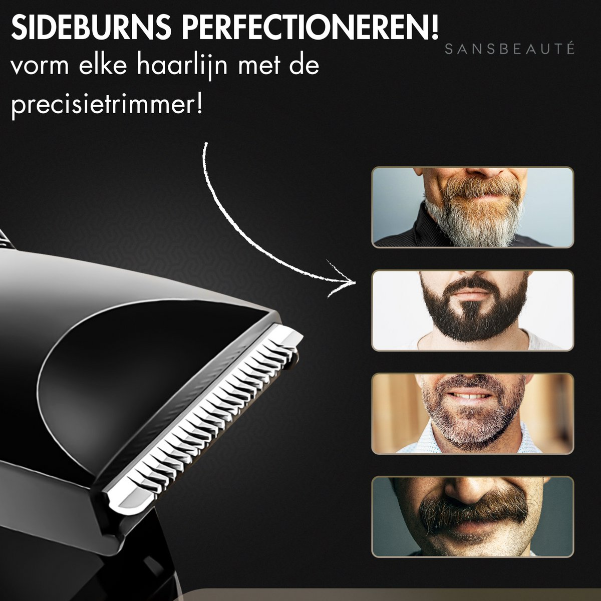 Recortadora negra con cuchillas plateadas. Ejemplos de diferentes estilos de barba. Texto holandés: '¡Perfeccionando las patillas!'