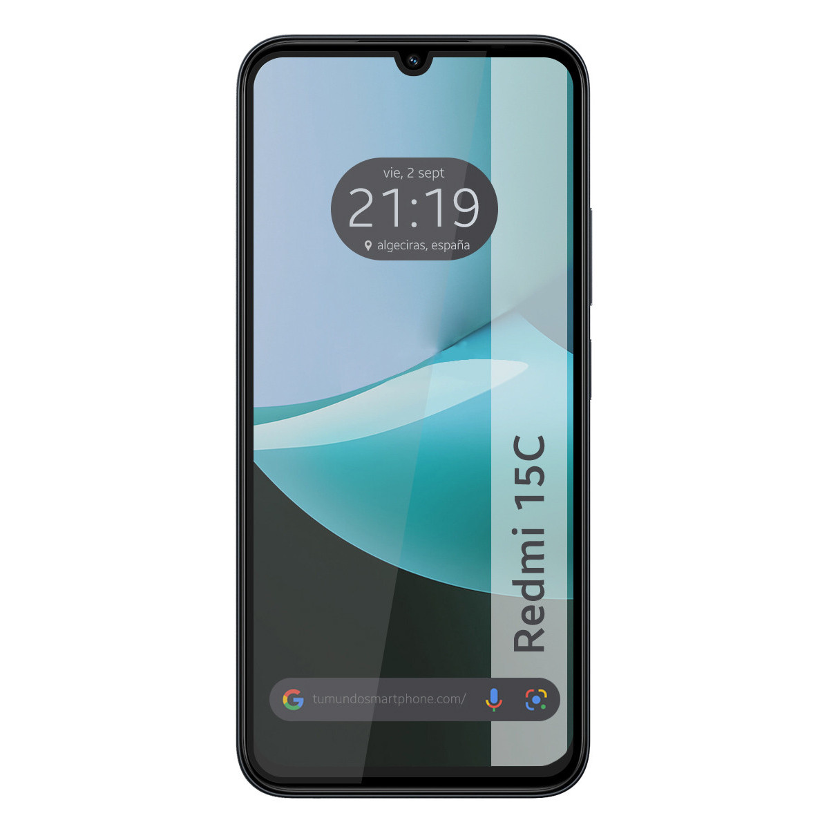 Un smartphone negro con pantalla que muestra hora, fecha y ubicación. El teléfono está etiquetado como 'Redmi 15C'.