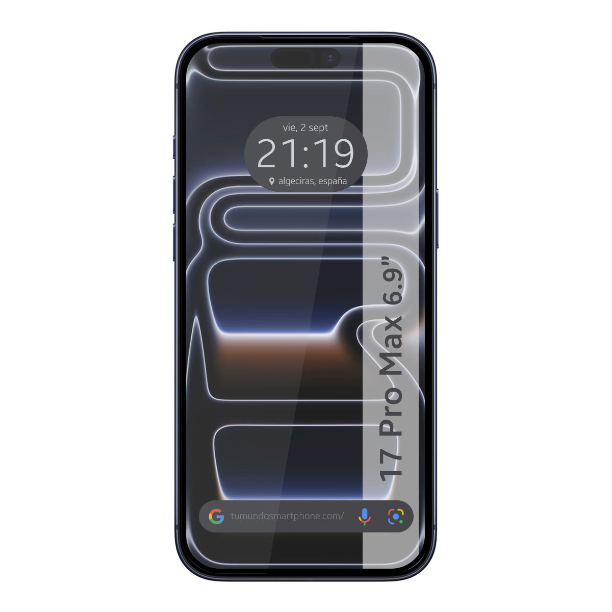 Schermo dello smartphone che mostra ora, data e posizione. È un modello 17 Pro Max 6.9". Il display mostra uno sfondo scuro con linee bianche.