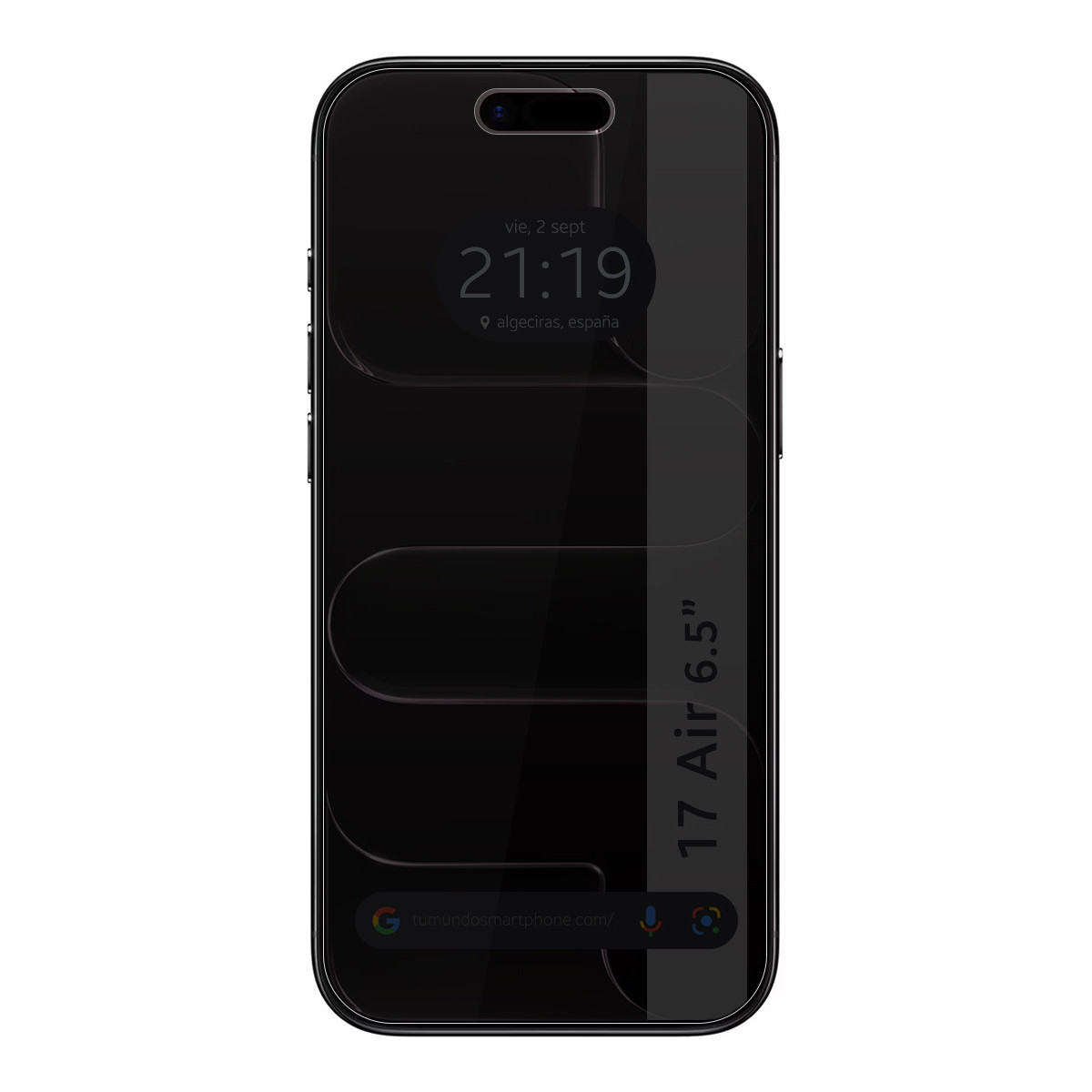 Smartphone negro con pantalla que muestra hora y fecha. La pantalla muestra '17 Air 6.5"' en el lateral.