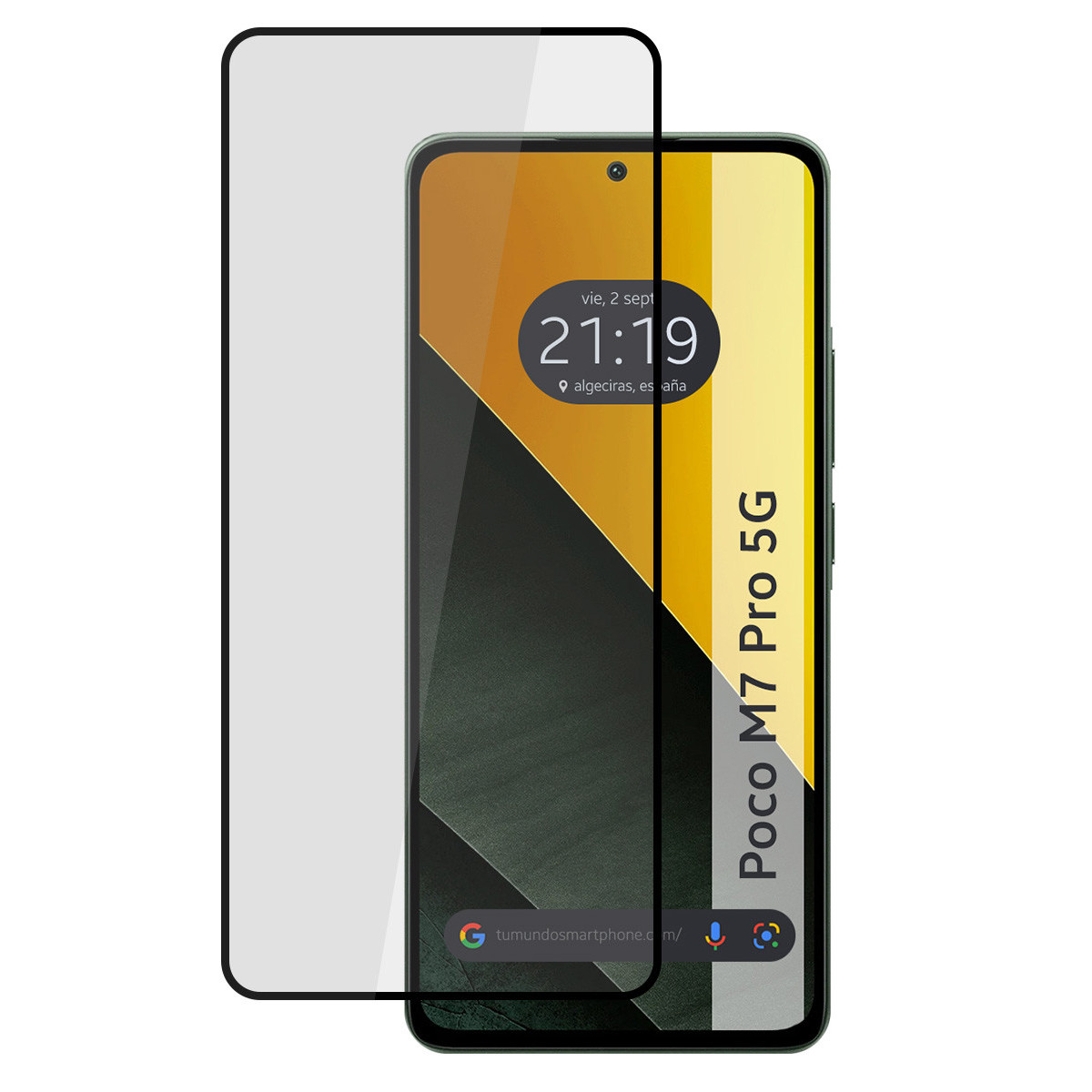 Uno smartphone con protezione schermo. Il telefono mostra l'ora, la data e la scritta "Poco M7 Pro 5G". Lo schermo è verde e giallo.