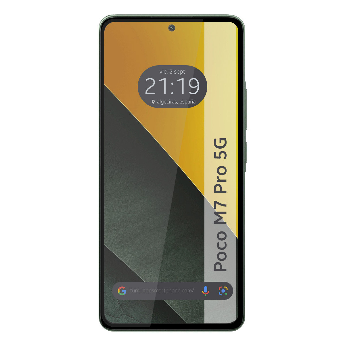 Uno smartphone Poco M7 Pro 5G mostra il suo schermo. Lo schermo mostra l'ora, la data e il luogo. Il telefono è verde e nero.
