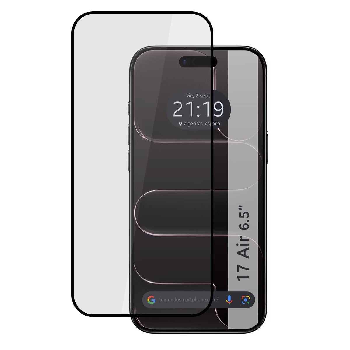 Uno schermo del telefono con protezione. L'ora è 21:19. Il telefono ha un bordo nero e una protezione schermo trasparente.