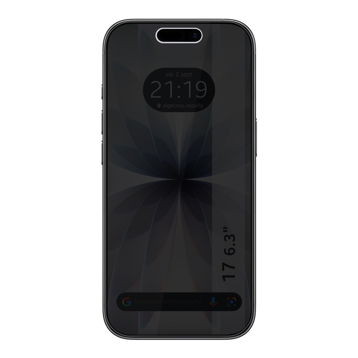 Smartphone con pantalla negra que muestra la hora, la fecha y la ubicación. La pantalla muestra un fondo oscuro con un patrón.