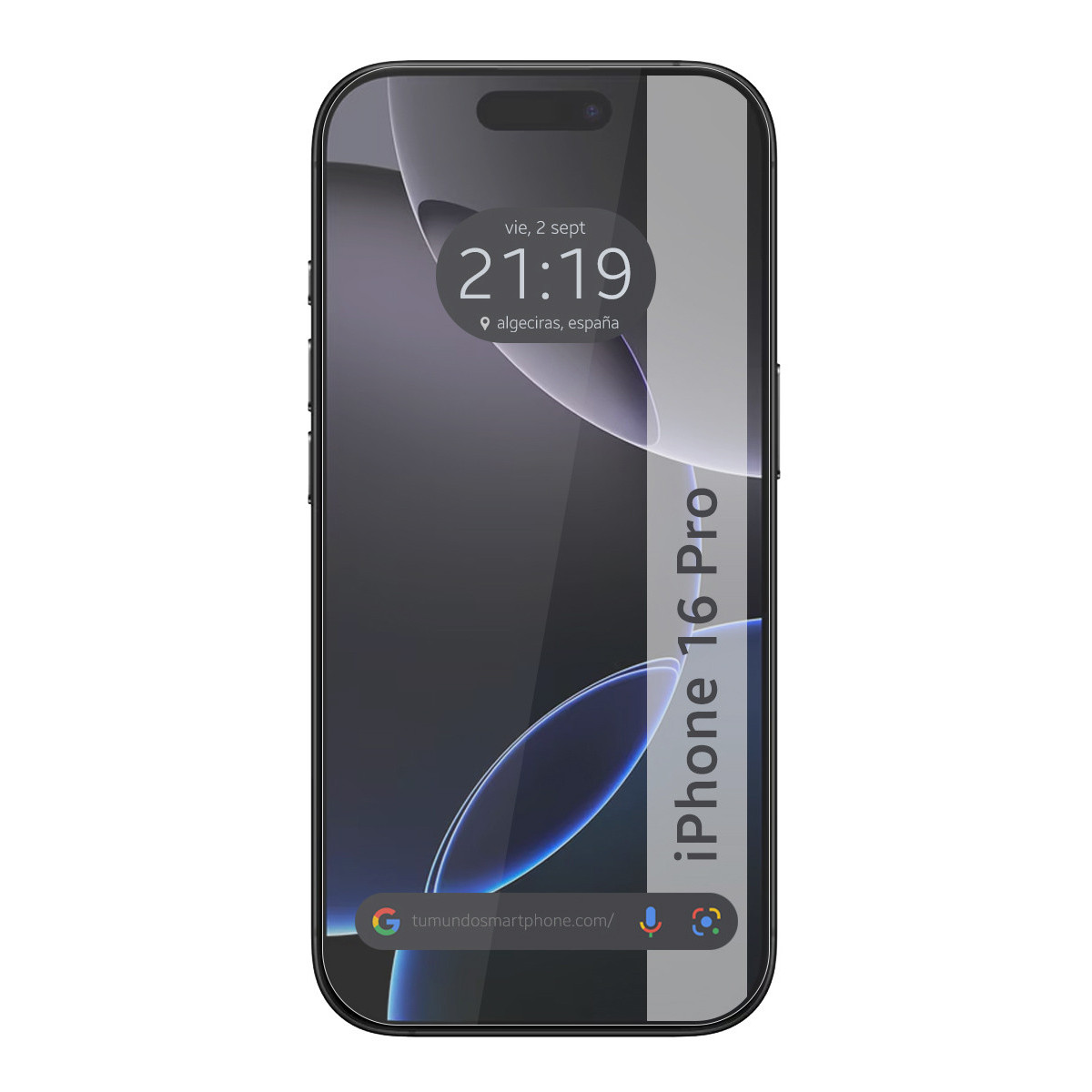 Lo schermo di uno smartphone mostra l'ora e il luogo. Lo schermo mostra un logo iPhone 16 Pro. Sono visibili una barra di ricerca e le icone di Google.