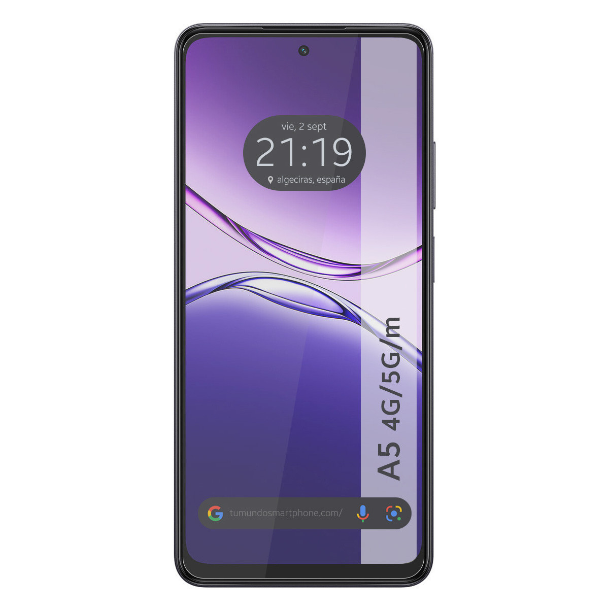 Una pantalla de teléfono inteligente muestra la hora, la fecha y la ubicación. Tiene un fondo degradado púrpura y blanco. El teléfono es negro.