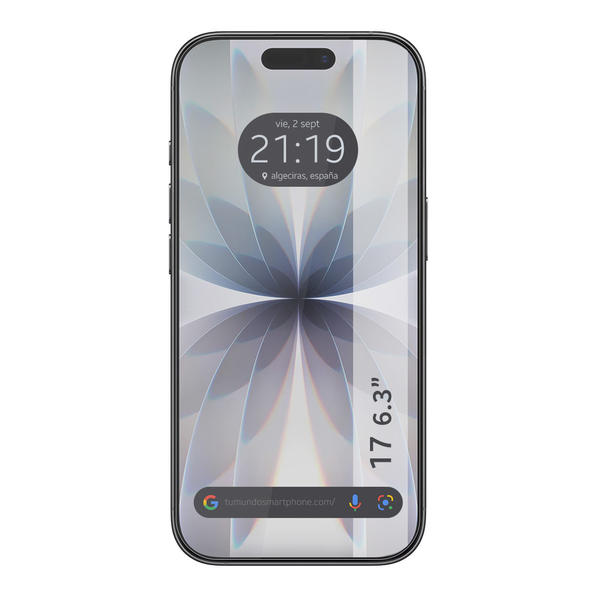 Lo schermo dello smartphone mostra ora, data e un motivo floreale. Lo schermo mostra 17 6,3 pollici. Barra di ricerca Google in basso.