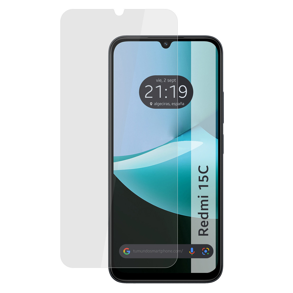 Smartphone con protezione schermo. Lo schermo mostra ora, data e sito web. La protezione è trasparente.