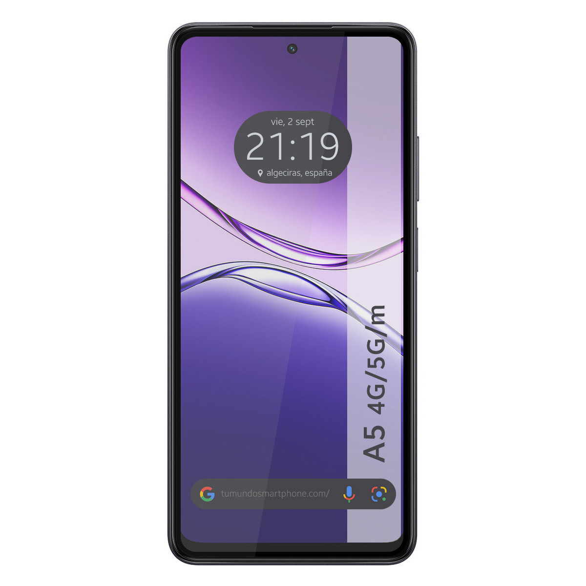 Uno smartphone mostra ora, data e 'algeciras, españa'. Il testo recita 'A5 4G/5G/m' e 'tumundosmartphone.com/'.