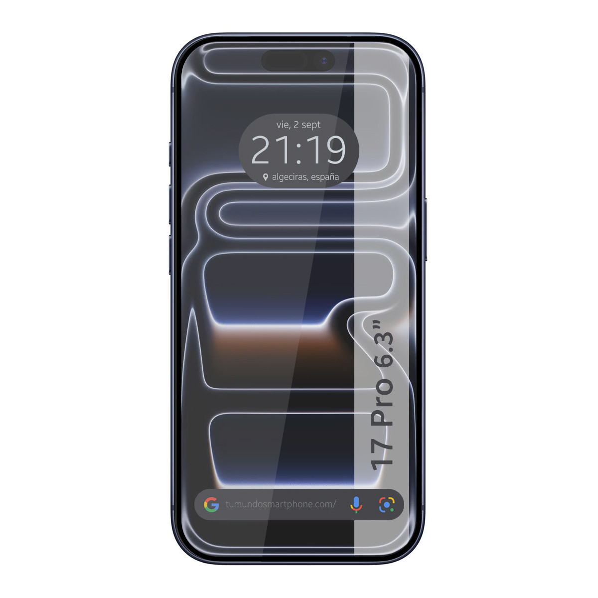 Mockup di smartphone con display che mostra ora, data e posizione. Lo schermo ha un design astratto a linee al neon. Il telefono è blu scuro.