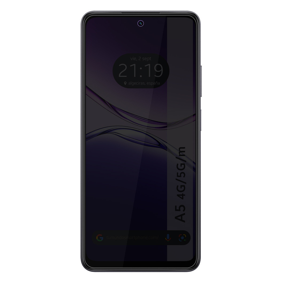 Uno smartphone nero mostra l'ora, la data e la posizione. Lo schermo mostra un design a onde viola e il modello del telefono.