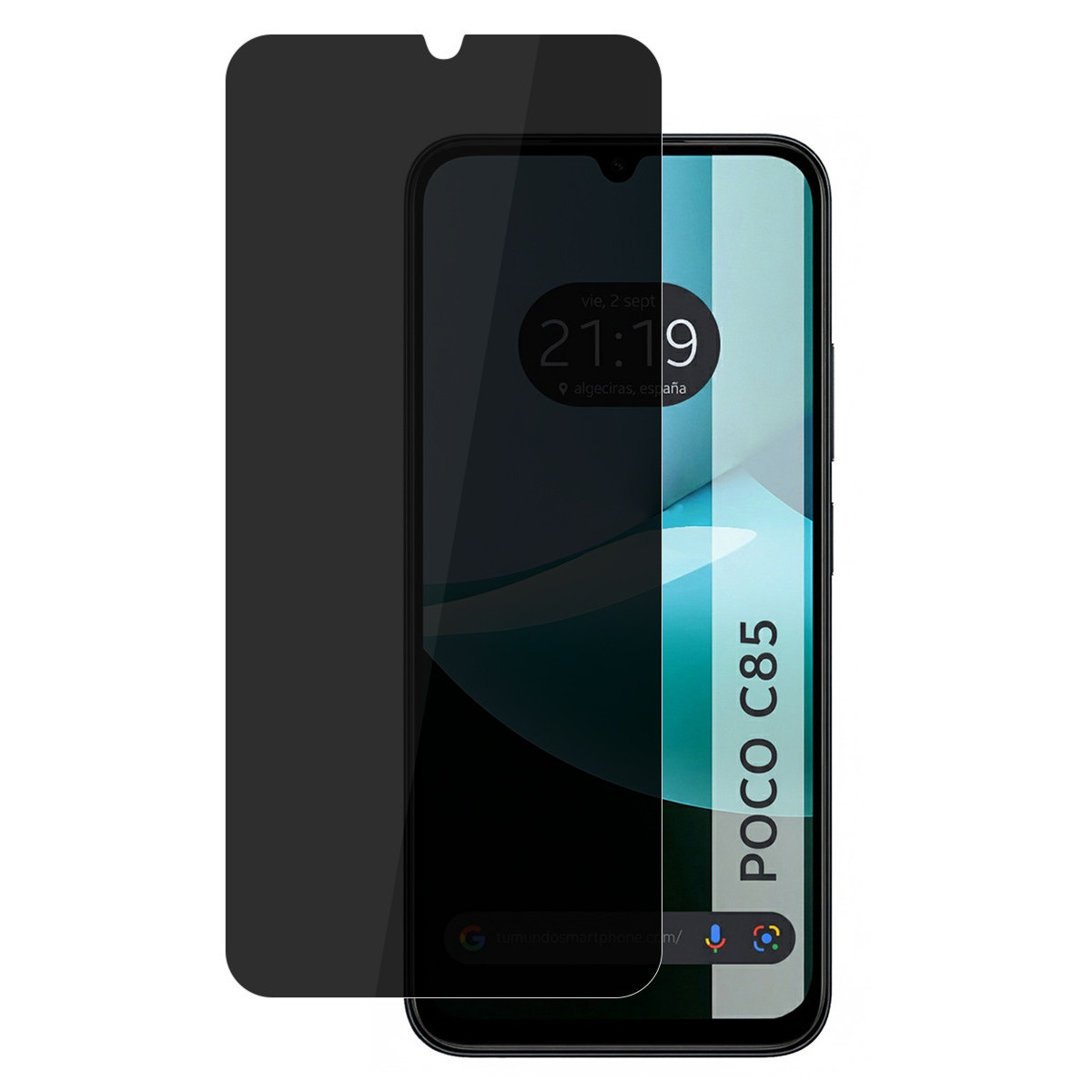 Uno smartphone con una protezione per lo schermo, che mostra l'ora e il logo Poco C85. La protezione copre parzialmente lo schermo.