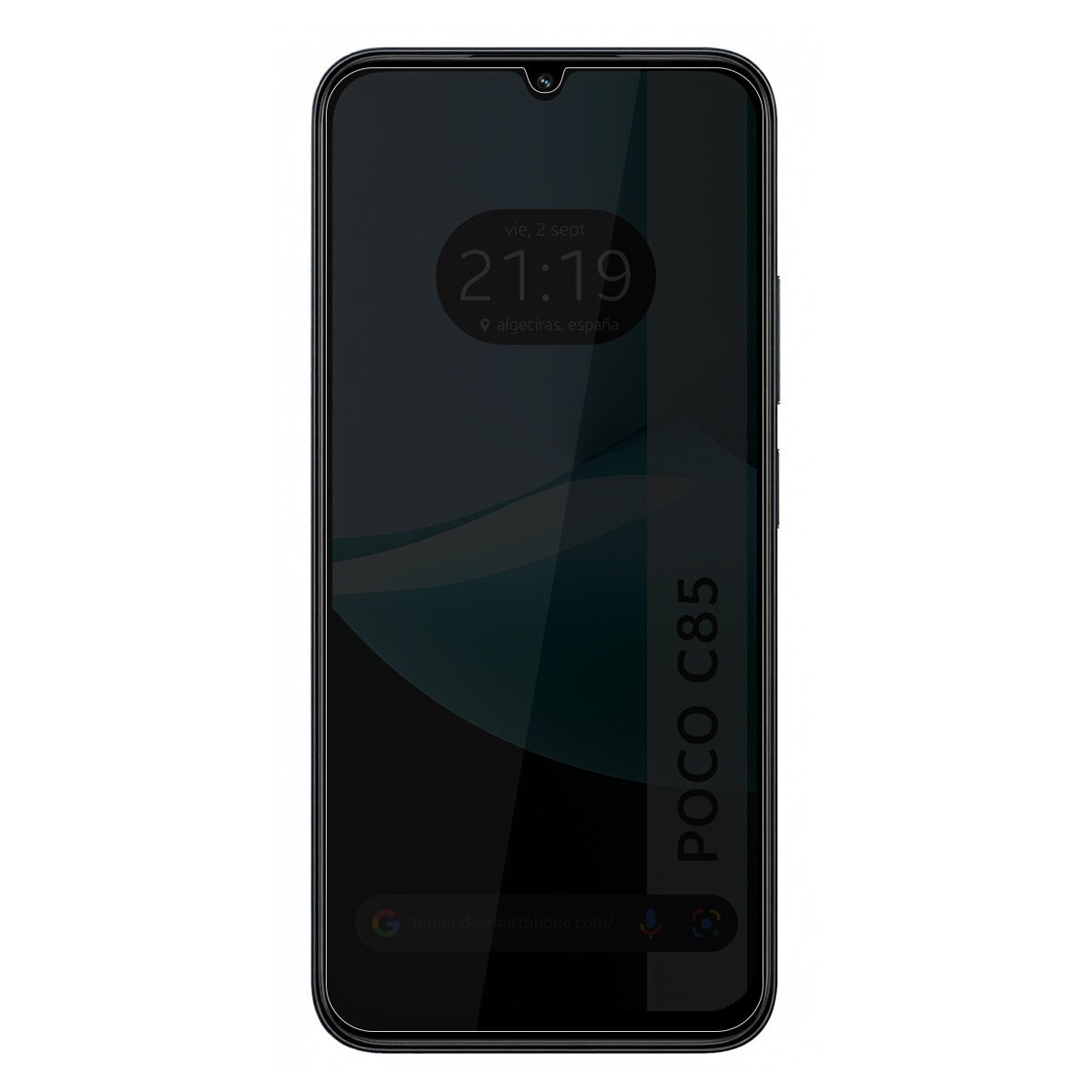 Uno smartphone nero con schermo scuro che mostra l'ora 21:19 e la data. Il telefono è etichettato POCO C85.