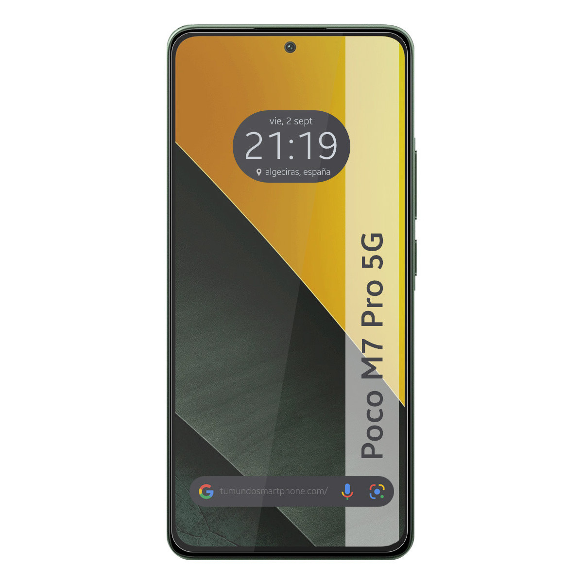 Smartphone Poco M7 Pro 5G su sfondo bianco con orario 21:19 e località Algeciras, Spagna. Indirizzo del sito web in basso.