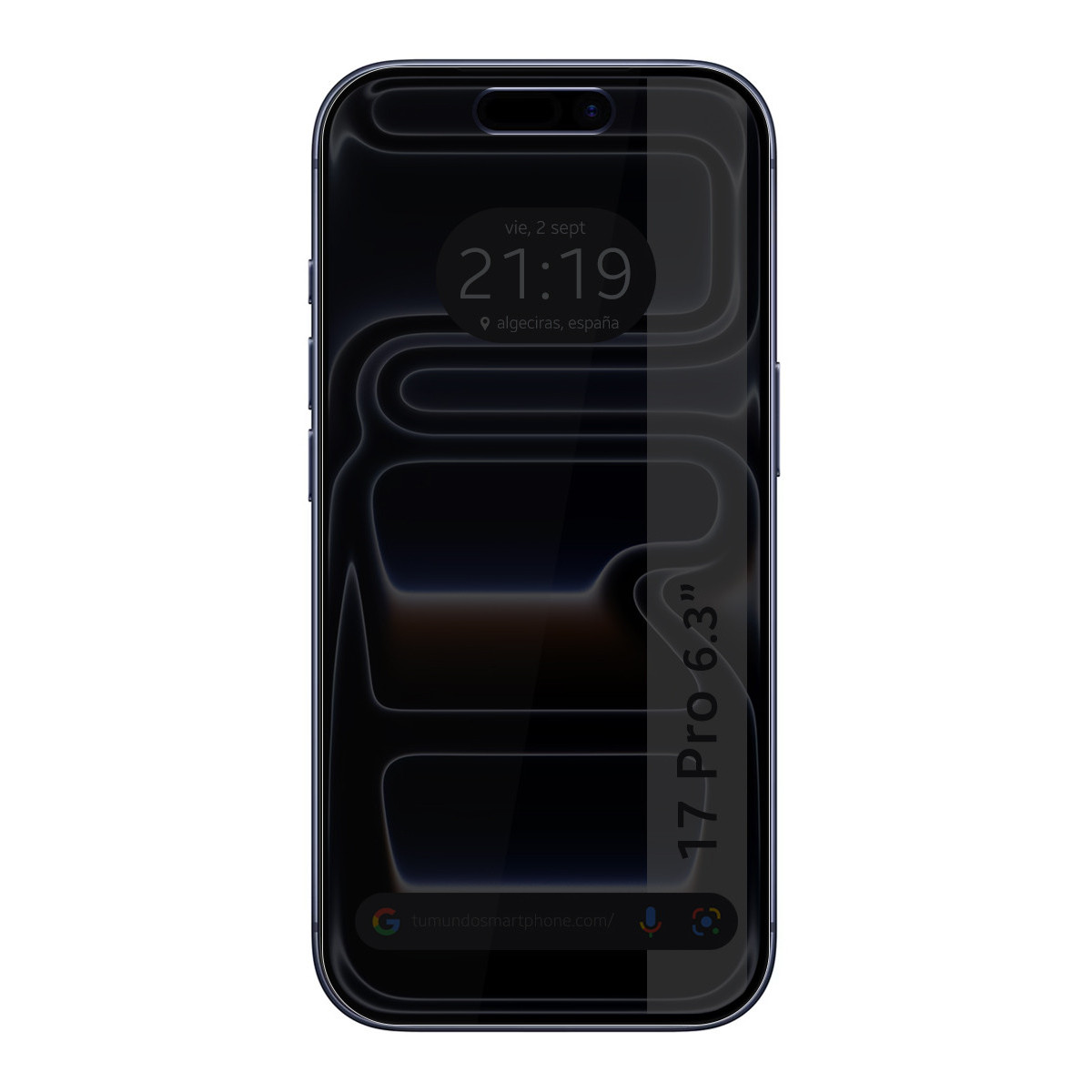 Una pantalla oscura de smartphone muestra la hora, la fecha y la ubicación. Se ven los detalles del teléfono, incluyendo el tamaño de la pantalla y el nombre del modelo.