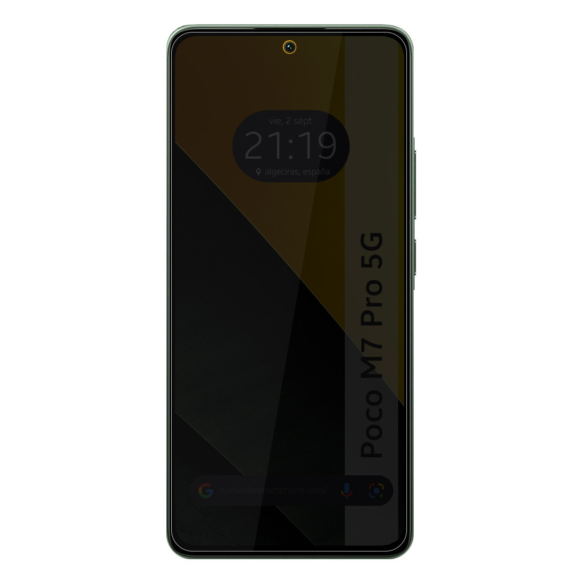 Schermo dello smartphone che mostra l'ora 21:19, la data e la posizione 'algeciras, españa'. Il modello del telefono è Poco M7 Pro 5G.