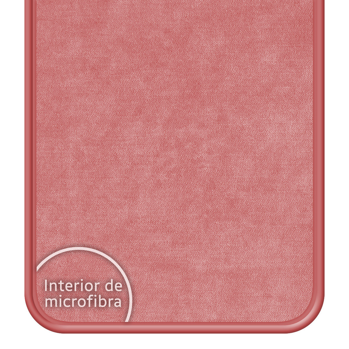 Primer plano de un interior de microfibra rosa. El texto 'Interior de microfibra' está en un círculo blanco en la esquina inferior izquierda.