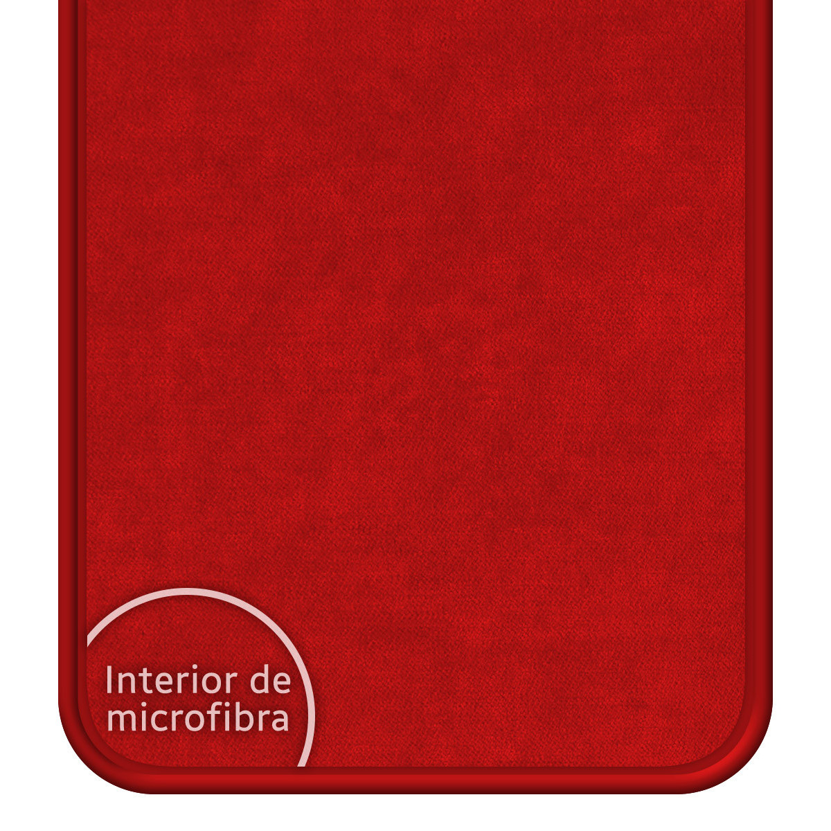 Microfibra roja con esquinas redondeadas. Texto 'Interior de microfibra' presente en la esquina inferior izquierda, dentro de un semicírculo blanco.