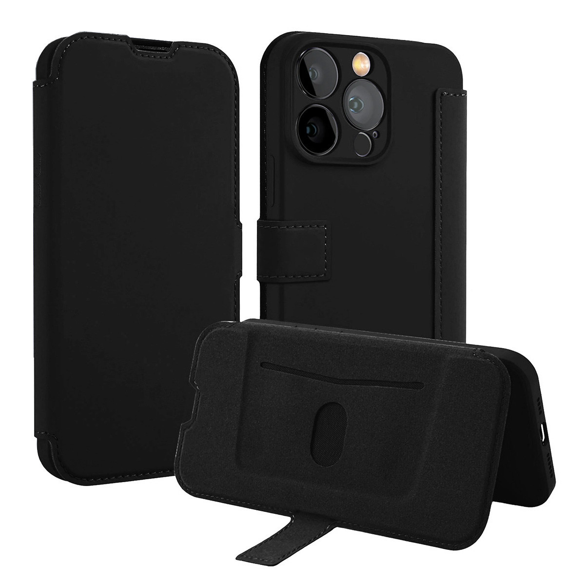 Custodia nera per telefono. La custodia è aperta, mostrando un telefono con più fotocamere e un porta carte.