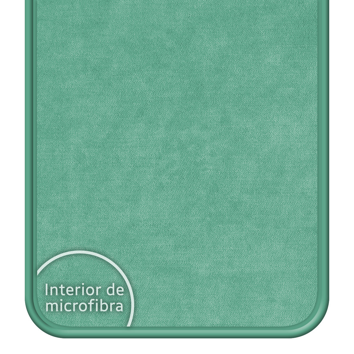 Interior de microfibra verde. Esquinas redondeadas, con círculo blanco y texto 'Interior de microfibra'.